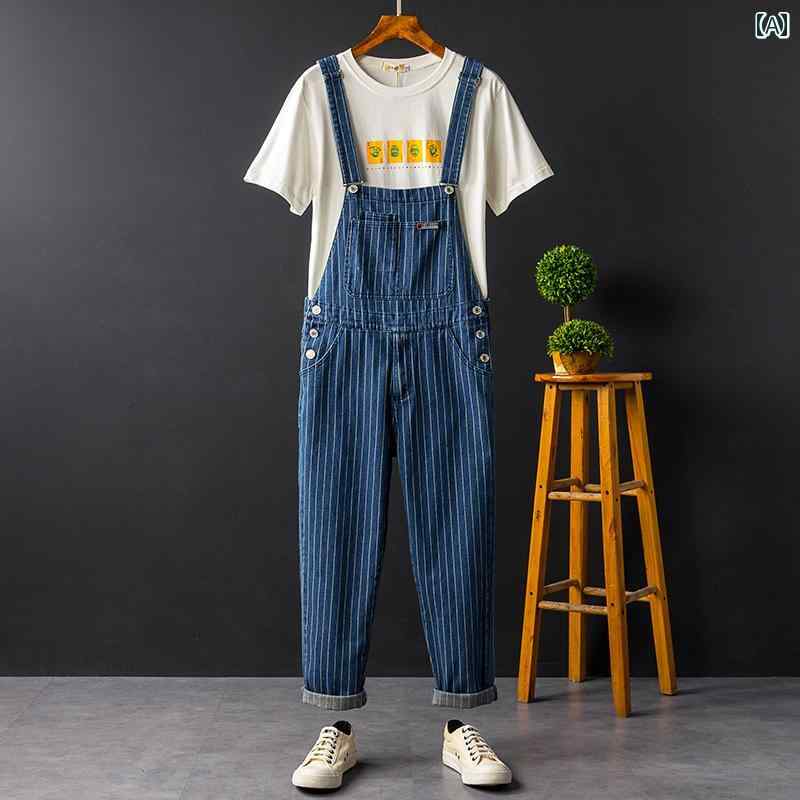 メンズ 夏 オーバー オール 春 デニムオーバーオール 韓国 ストライプワンピース レトロ ブルー ダメー..