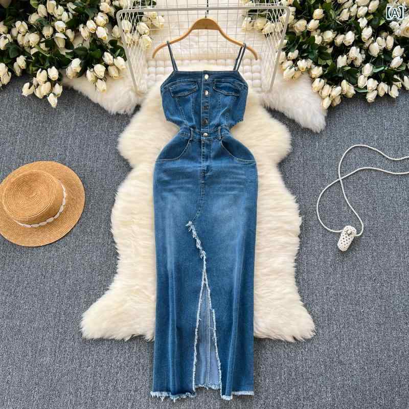 レディース ワンピース シック レトロ デニムスカート 切 りっぱ し エッジ スリット スリム 丈 サスペンダー ドレス 夏ウェア