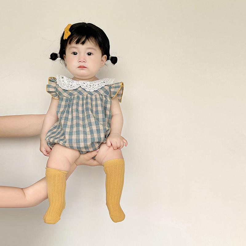 ベビー 夏服 レース 襟 カバー オール 女の子 赤ちゃん スウィート プリンセス フライング スリーブ ジャンプ スーツ 夏 薄手 チェック