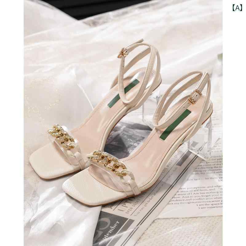 レディース 夏 チェーン ハイヒール サンダル スタイルアップ おしゃれ フェミニン ワン ストラップ フレンチ 太 ヒール クリスタル メタル 疲れにくい(4.0)