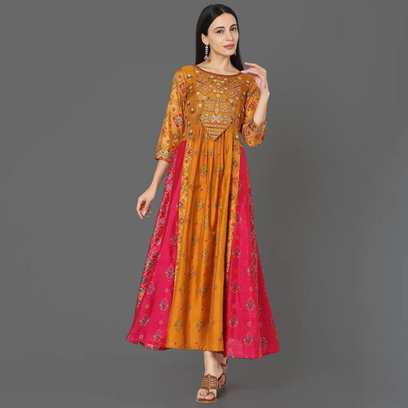 ドレス スカート レディース インド 服 エスニック 婦人服 エキゾチック 刺繍 ラウンドネック ロング 黄色 赤 カラーマッチング 春