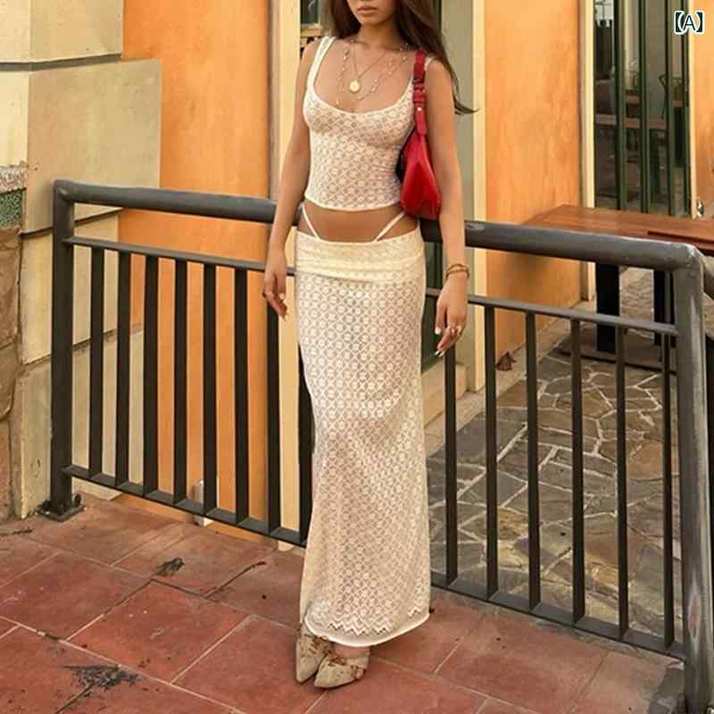 レディース ミニ丈タンクトップ ロングスカート セット ショート トップス お腹見せ くびれ 脚長 細見 スタイリッシュ セクシー シンプル おしゃれ デート ディナー イベント フェス パーティー ステージ衣装 女子会 映え 美シルエット