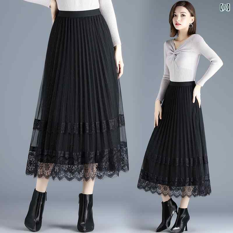 スカート 大人 レディース ハイウエスト ガーゼ ミモレ丈 プリーツ 春秋 レース Aライン メッシュ