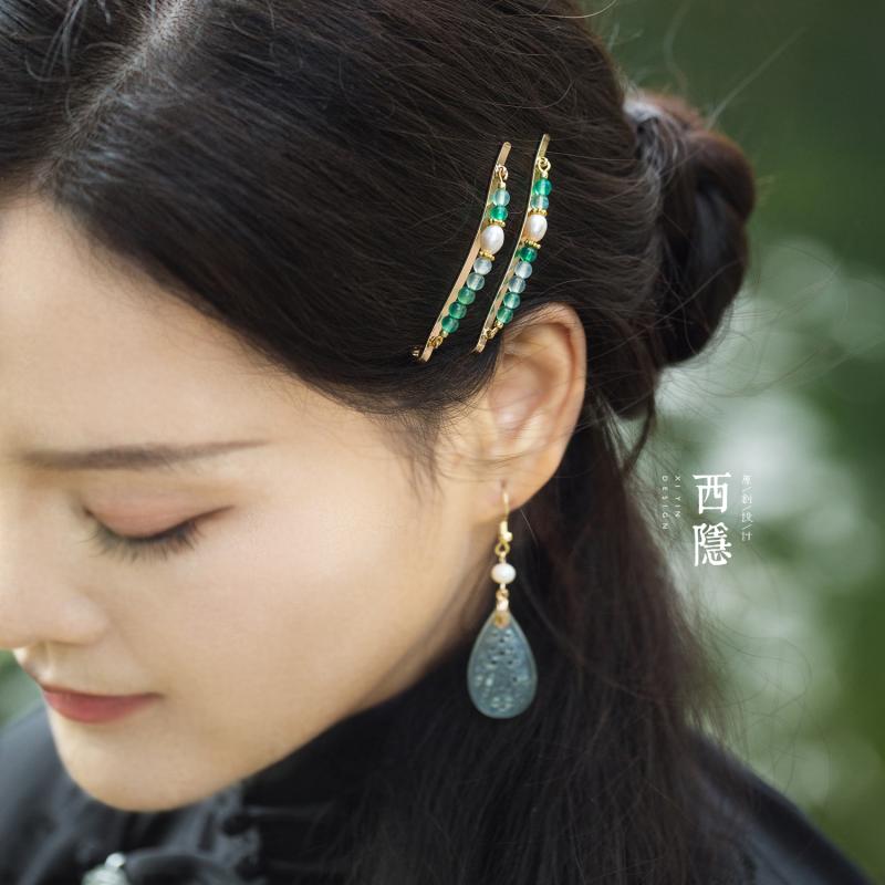 ヘアピン かわいい グリーン 瑪瑙 チャイナ風 淡水 パール シンプル サイドクリップ ヘアピン ヘアアクセサリー アジアン