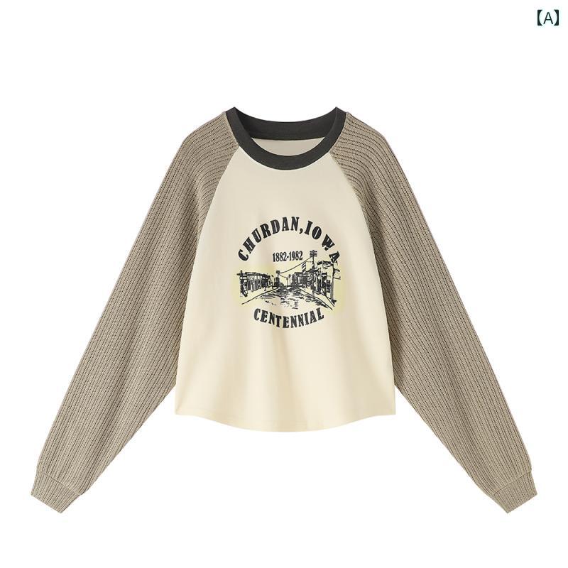 ジャケット トップス トレーナー レディース ファッション アメリカン ショート ラウンドネック スウェットシャツ 薄手 ニット 長袖 カジュアル 女性 春秋 小柄