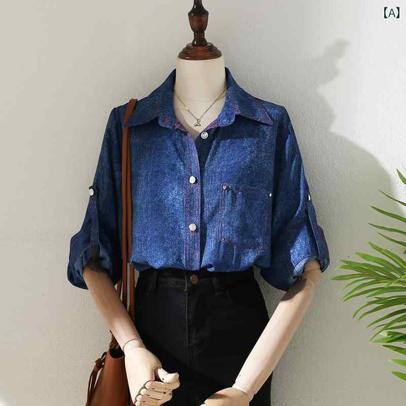 シャツ レディース ブラウス 女性 秋 アウター 通勤 カーディガン シングルブレスト アウタートップス用 デニムブルー 長袖