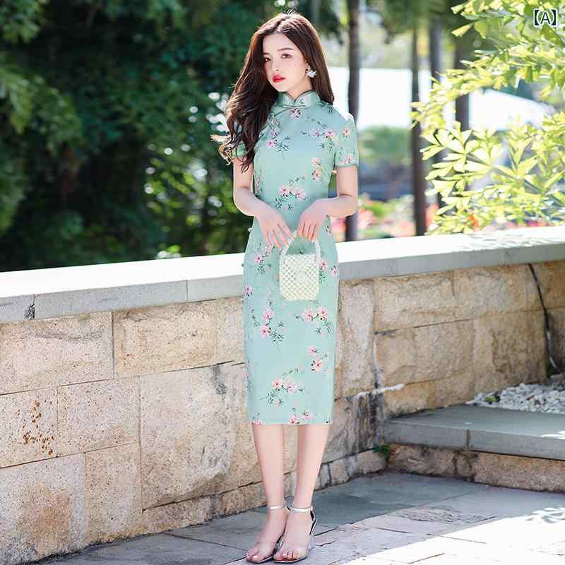 チャイナドレス エレガント おしゃれ レトロ ワンピース 四 面 ストレッチ デイリー 若い 学生 装飾 スリム ドレス