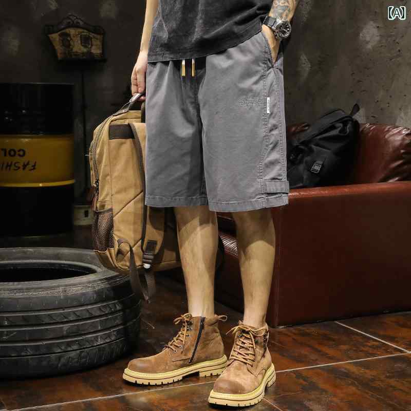 Cotton Pants - メンズ ファッション グレー カーゴ ショーツ 大きめサイズ アメリカン レトロ 綿 カジュアル パンツ 夏 ポケット ステッチ ショート