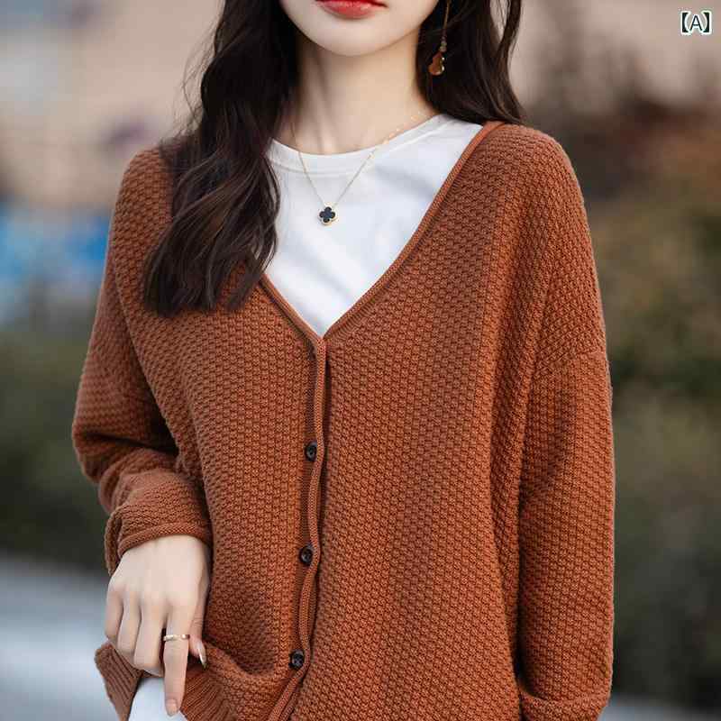レディース カジュアル トップス おしゃれ 春 コットンリネン V ネック コーン カーネル ニット カーディガン 女性用 ロールド エッジ コットン 多目的 ジャケット