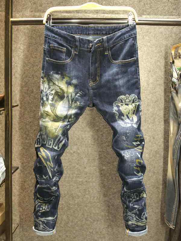 メンズ コットン ストレッチ デニム おしゃれ着 Gパン カジュアル 秋冬 豪華 プリント ジーンズ スリムフィット ストレッチ パンツ アメリカ プリント パンツ