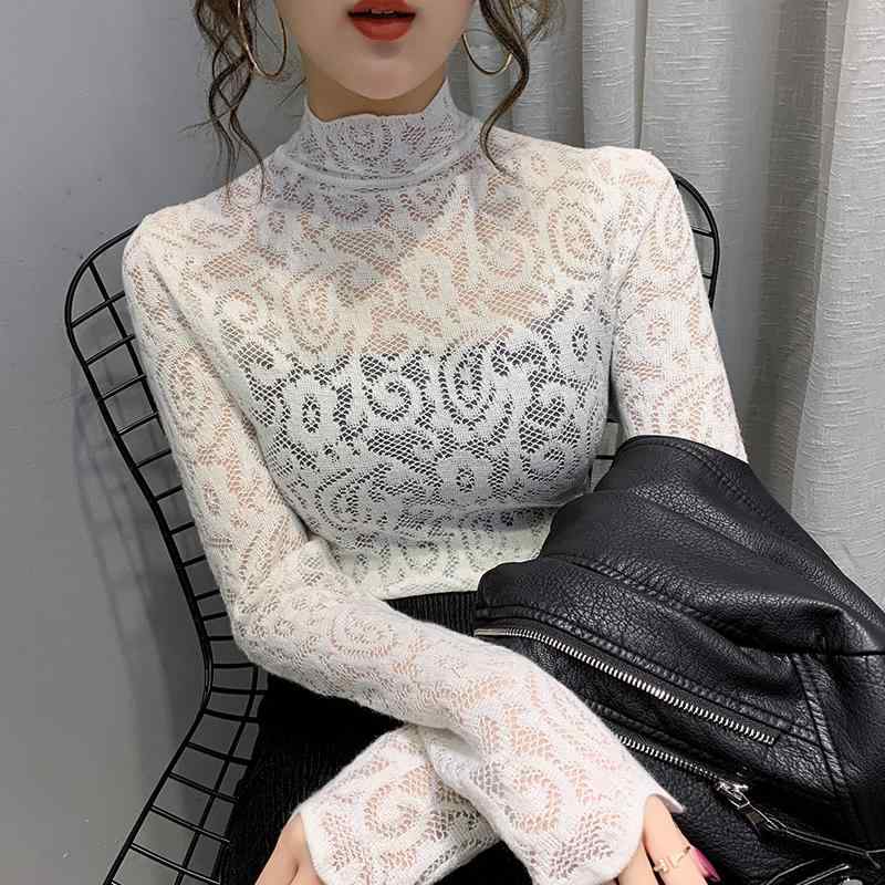 Turtleneck - シャツ トップス レディース おしゃれ ファッション 秋冬 レディース 長袖 スリムフィット ハーフハイネック レース セーター プルオーバー エレガント