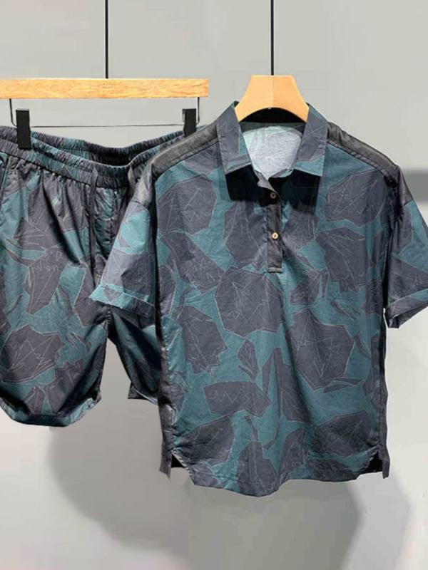 トップス シャツ ポロシャツ メンズ 夏 半袖 ポロシャツ ショーツ 2点 セット ファッション パッチワーク 花柄 カジュアル スーツ