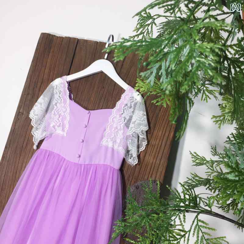 ドレス ワンピース かわいい キッズ ファッション 女の子 夏 パープル レース スリーブドレス 半袖 ガーゼ
