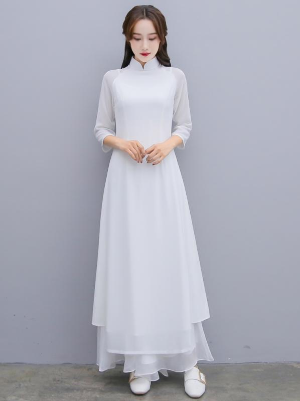 チャイナドレス アオザイ レディース 清楚 ロング スカート レディース チャイナ ドレス チャイナ風 スリム フィット 薄手 レトロ 白
