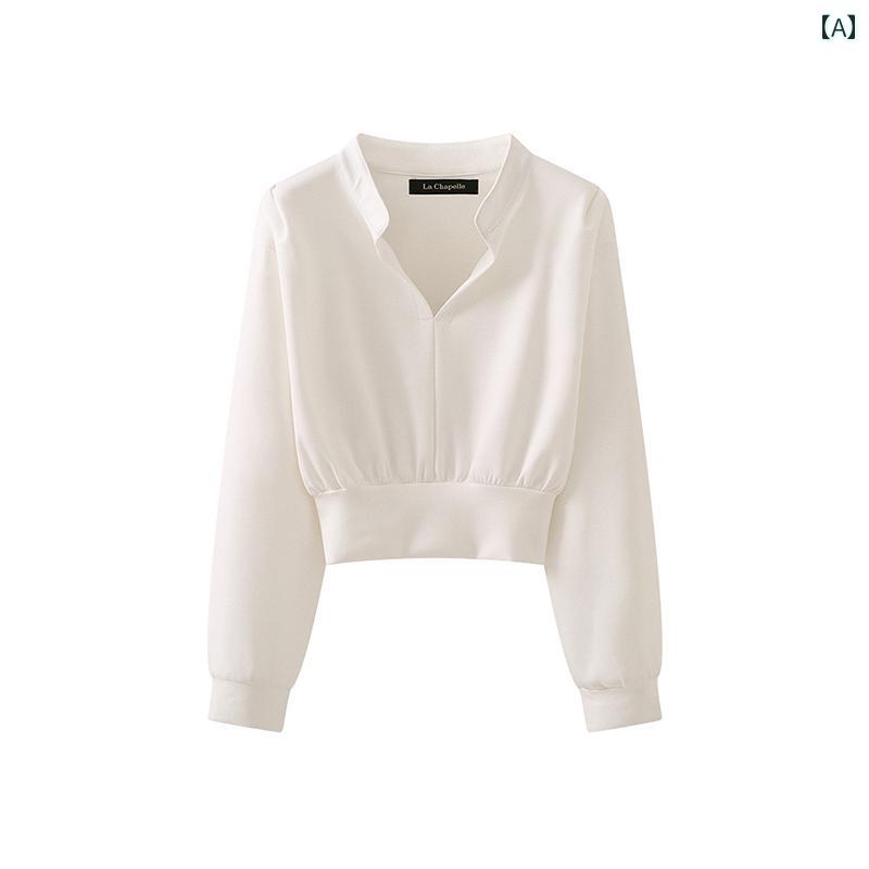 レディース ファッション トップス スタンドカラー 長袖 ウエスト シャツ 秋 無地 通勤 フレンチ シック