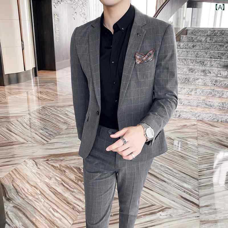 ドレス メンズ スーツ 韓国 スリム ビジネス チェック柄 スーツ プロ カジュアル フォーマルウェア 結婚式 新郎 花婿 付添人