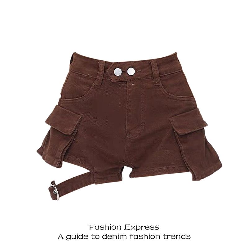 レディース デニムショートパンツ レトロ ブラウン ワークウェア 夏 ハイウエスト Aライン 大きめポケット パンツ