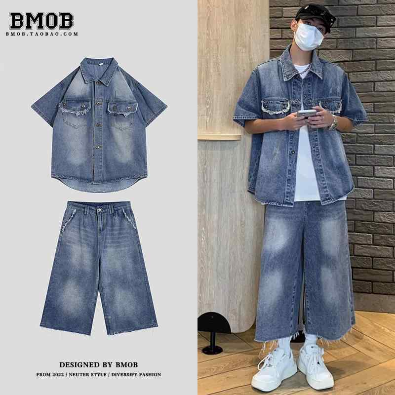 メンズ デニム カジュアル セットアップ ロー エッジ デニムシャツ スーツ メンズ デニム ストリート クロップドパンツ オーバー サイズ ツーピース セット