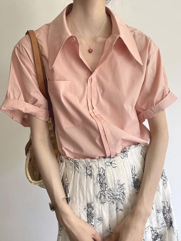 Short Sleeves - シャツ トップス レディース ファッション ブラウス フレンチ 半袖 女性 夏 アゲハ カラー ピンク ゆったり スリム コットン