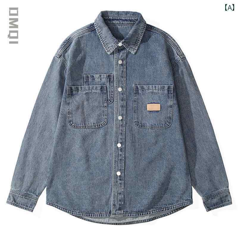 Denim Shirt - 長袖 シャツ メンズ メンズ 春秋 アメリカン トップス ジャケット 襟 レトロ ウォッシュド デニム 複数ポケット装飾 プリントバッチ 前開きボタン 暖かい 断熱性 レジャー カジュアル ワークシャツ