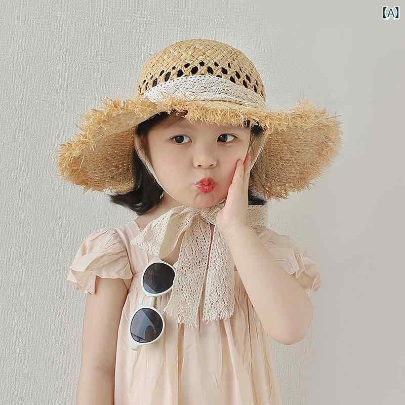 帽子 子供 麦わら 夏 日焼け防止 レース リボン ベビー 韓国 プリンセス 折りたたみ ビーチ レディース