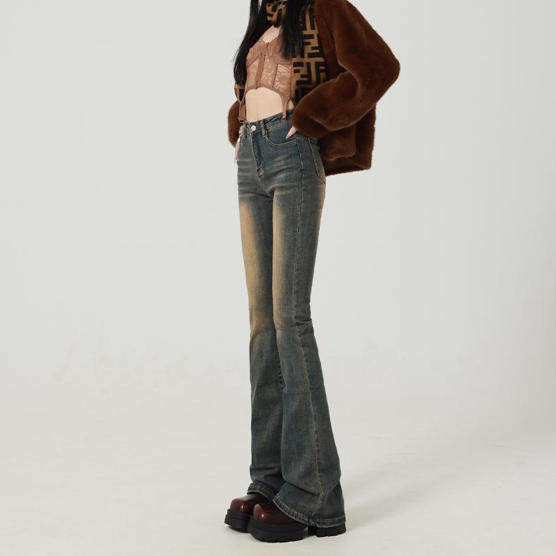 Nylon, Rayon, Polyester - パンツ デニム レディース 女性用 セメント グレー マイクロフレア ジーンズ 春秋 ハイウエスト 九分丈 ホース シュー