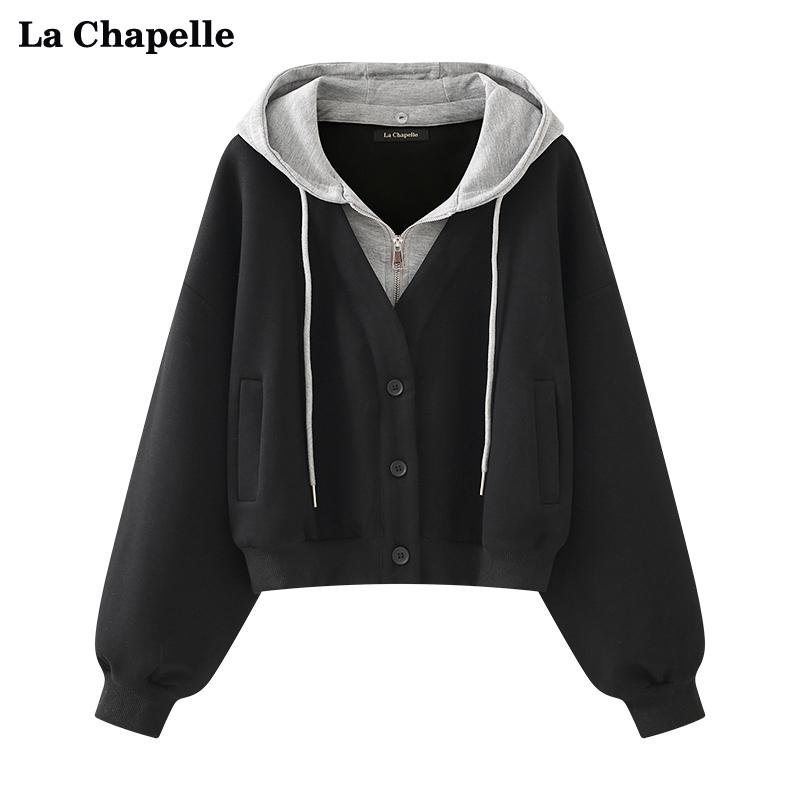 シャツ レディース 秋 ファッション 巾着 フード付き スプライシング カーディガン フェイク ツーピース スウェット 用