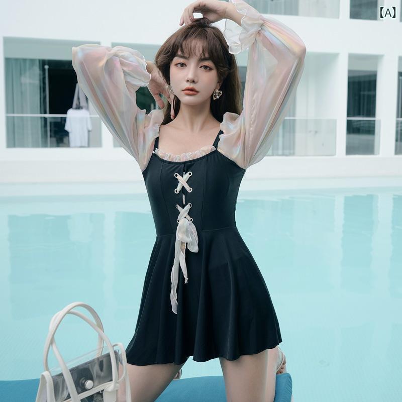 Two-Piece - レディース 夏 水着 体型カバー おしゃれ かわいい ビーチ プール リゾート レジャー ワンピース 長袖 レディー スレスト 温泉 旅行 お腹 カバー 痩せ ドレス 学生