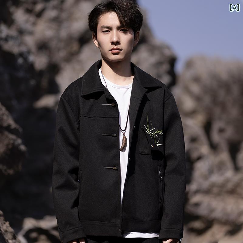 メンズ 素材 ジャケット チャイニーズ スタイル カンフー 太極拳 中国 唐 スーツ ウール トップス チュニック 男性