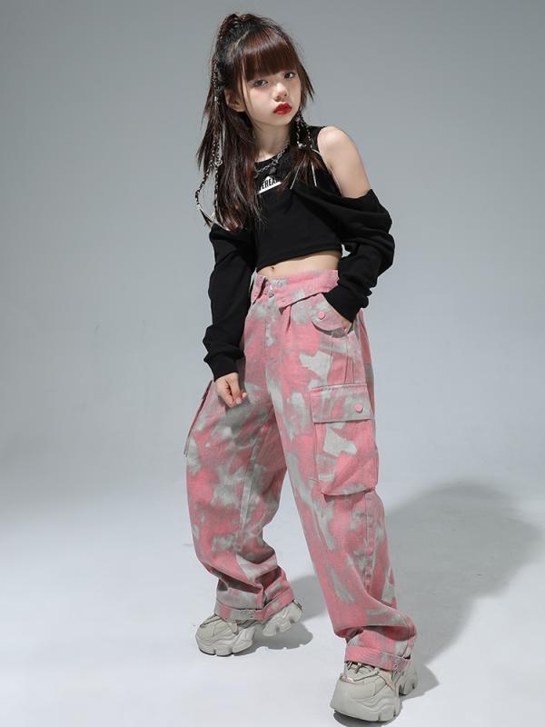 樂天商城 - ダンス キッズ 衣装 ヒップホップ ジャズダンス セットアップ 春秋 女の子 ティーン ストリート 練習着 パフォーマンス ワイドフィット 肩出し