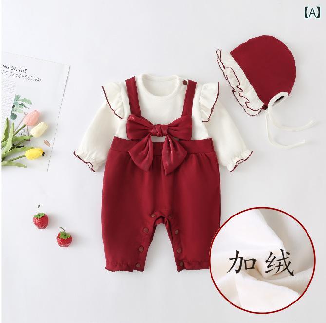 カバーオール ベビー服 長袖 ジャンプ スーツ 秋冬 ベルベット 中国 赤 女児 赤ちゃん プリンセス 新生児 生後1ヶ月 ロンパース スーツ 大晦日 スーツ