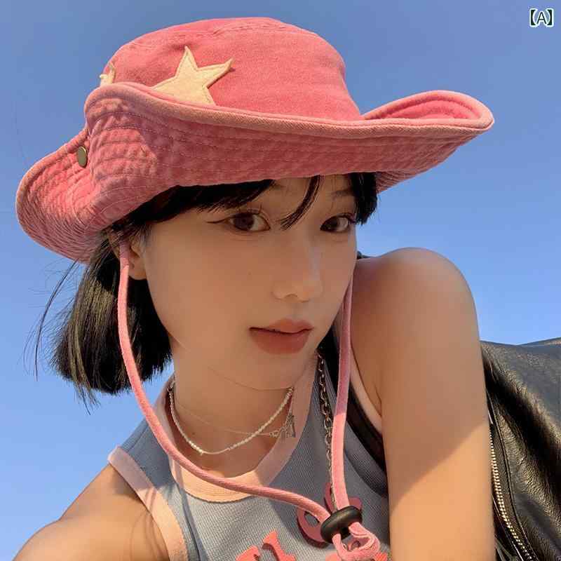 ピンク ウエスタン カウボーイハット レディース 夏 ガール キャンプ ハイキング 帽子 つば広 サンシェード 日焼け防止 フィッシャーマン