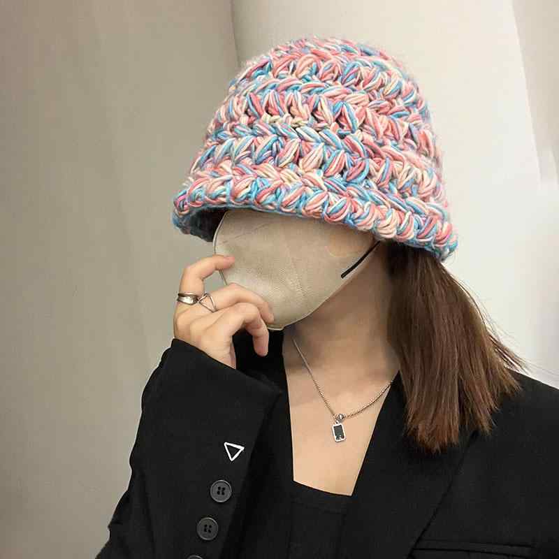 秋 冬 ニット 帽 韓国 カラフル 粗 編み バケット ハット 女性用 小さい 漁師 帽子 暖かい 和風 バケット ハット