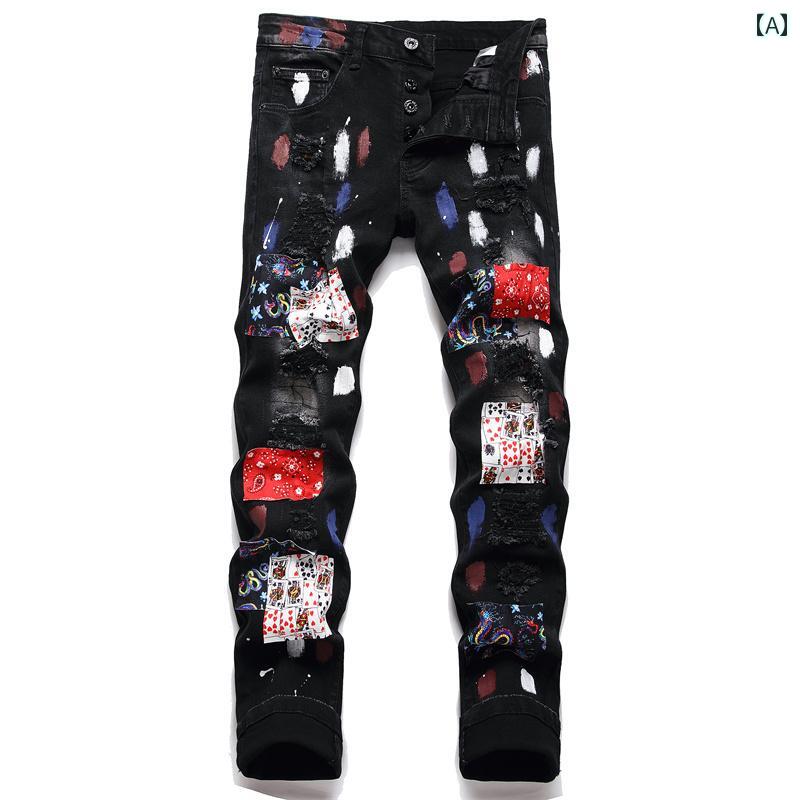 デニム 個性 メンズ スリムフィット メンズ ロング パンツ ブラック ストレッチ カジュアル オールシーズン通 おしゃれ(4.0)