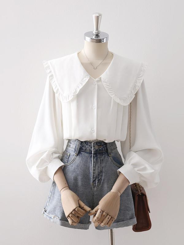 シャツ レディース 秋 爽やか ランタン スリーブ 白 菌 エッジ ドール カラー 初 ストレート スリム シック トップス