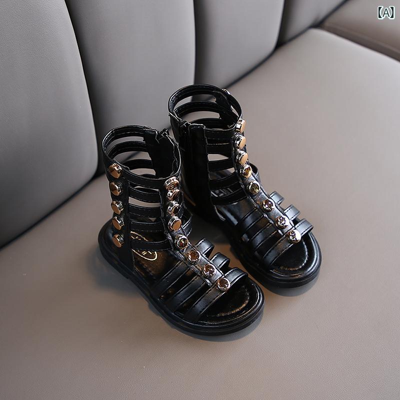 キッズ ジュニア シューズ 女の子 ローマ サンダル 夏 韓国 レザー ストラップ 子供 女の子 編み上げ バックル