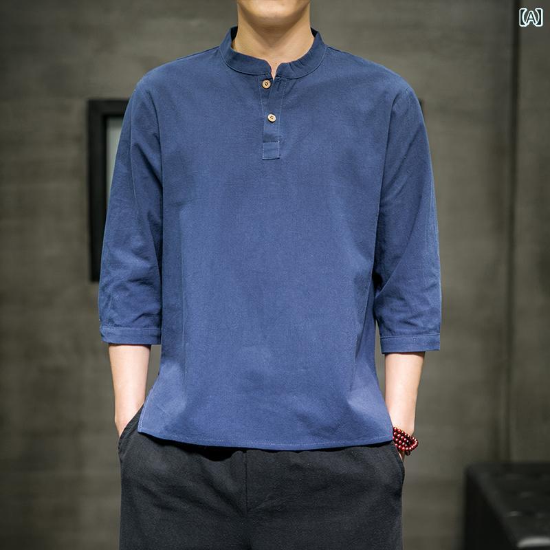 メンズ 夏 T シャツ トップス チャイナ風 綿麻 七分丈 レトロ チャイナ 大きいサイズ スタンドカラー 七分袖