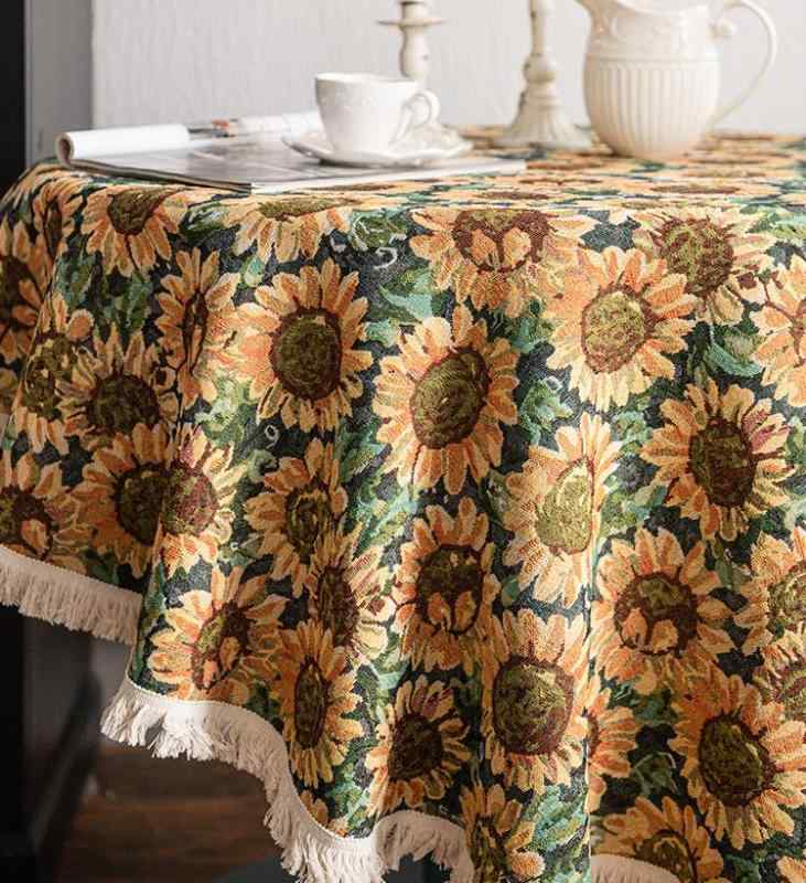 テーブル クロス フレンチ レトロ 油絵 ひまわり 綿 リネン テレビキャビネット コーヒーテーブル ラン..