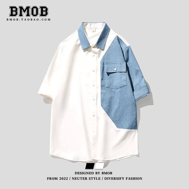 トップス シャツ デニムシャツ メンズ カジュアル おしゃれ 夏 半袖 ファッション デニム スプライシング ハイエンド(4)