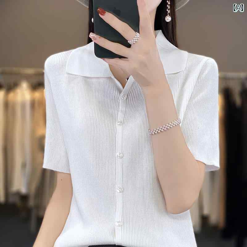 レディース カジュアル 夏 ポロシャツ トップス おしゃれ 綿 ポロ 襟 半袖 カーディガン 女性 韓国 無地 T シャツ シンプル ニット