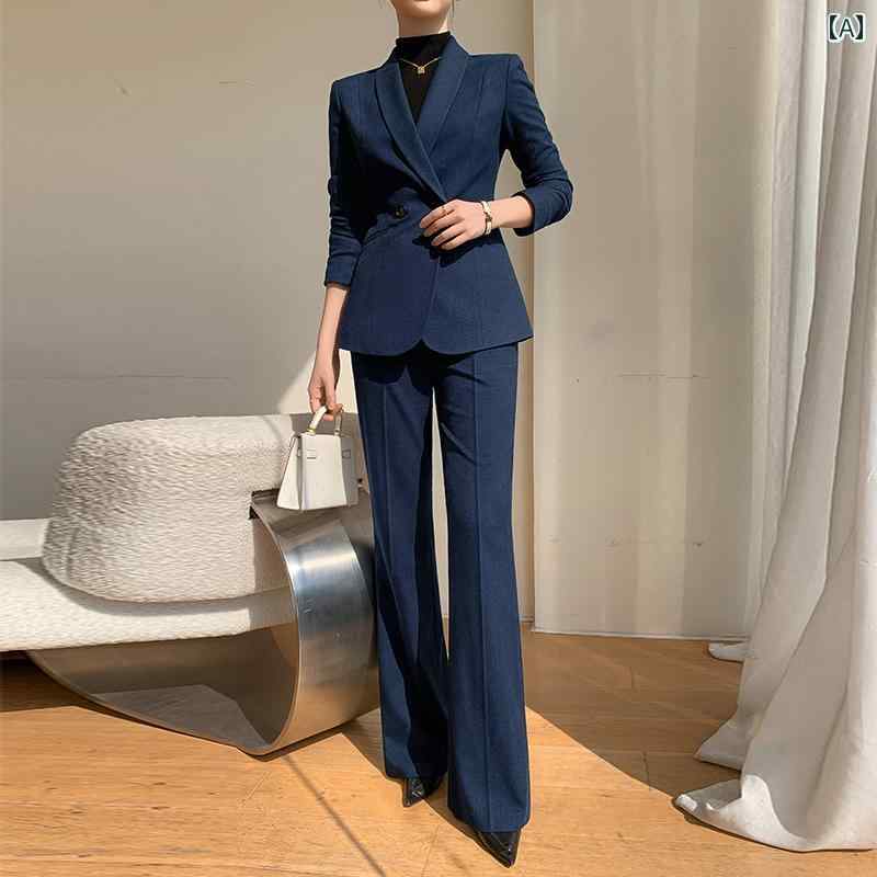 レディース パンツ スーツ 大人 洗練 レディース ダブルブレスト スリムフィット 長袖 冬 セットアップ 上下セット ベルボトムパンツ シンプル おしゃれ