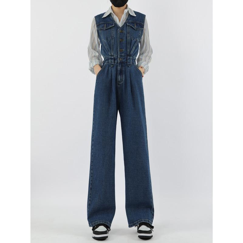 デニム つぎ オーバーオール レディース レトロ ノースリーブ おしゃれ デニム ジャンプ スーツ 女性 春秋 ハイウエスト 作業着 カジュアル ジャンプ スーツ ズボン
