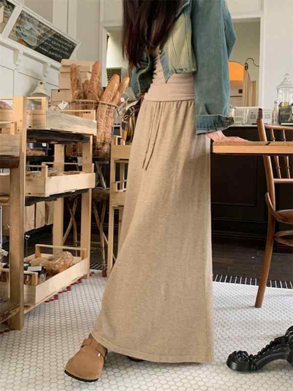 秋冬 レディース ニットスカート レトロ スカート ハイウエスト ドレープ Aライン プリーツ ロングスカート