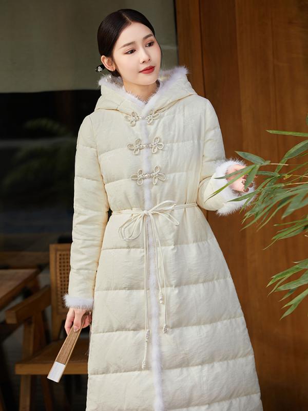 ジャケット 冬 ロング ダウン 新 柄 ボタン 中華風 女性 ミドル丈 女性 中国 膝上 レトロ 唐 スーツ