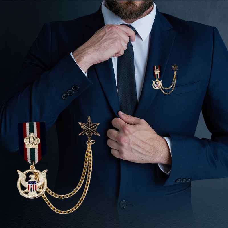 ブローチ 襟ピン 胸飾り アメリカ メンズ イーグル クラウン チェーン付 アクセサリー 紳士 ジェントルマン スーツ 装飾品