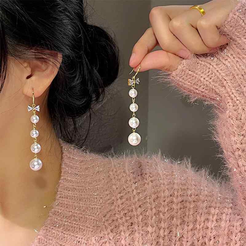 ピアス シンプル リボン パール ストリング レディース フレンチ レトロ ファッション アクセサリー 装..