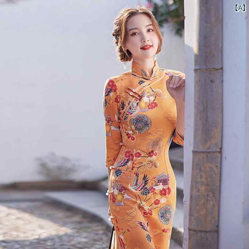 レディース 夏 チャイナ ドレス エレガント パフォーマンス 民族服 古風 ロング 春 中華風 レトロ 普段使い 日常着 スリム