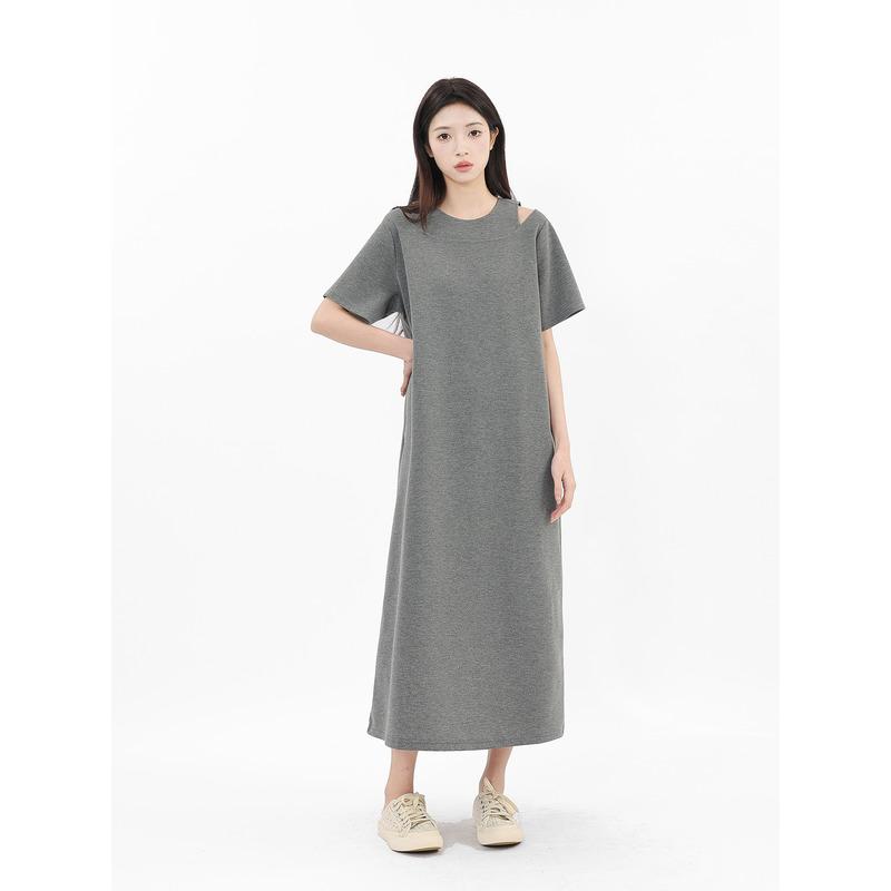 ドレス スカート レディース ファッション 春夏 グレー フェイク ツーピース オフショルダー 女性 韓国 ロング