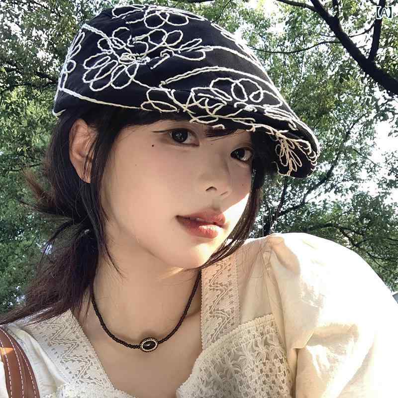 ハンチング帽 おしゃれ 黒 花柄 刺繍 帽子 レディース 夏 レトロ 小顔効果 キャスケット キャップ ファ..