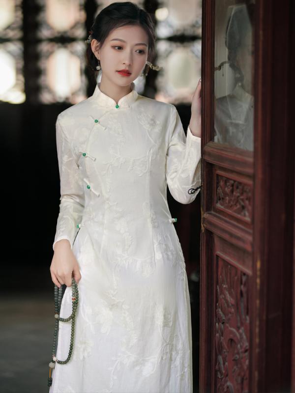 ドレス レディース コットン 秋 冬 ファッション 民族 リネン 刺繍 スリム チャイナ 瞑想 茶 フェアリー アオザイ